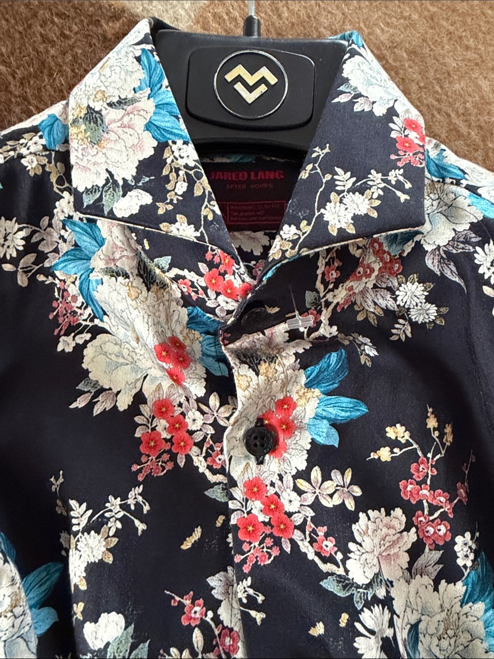 Jared Lang Cotton After Hours Black Floral Short-Sleeve Button-Up Shirt size M